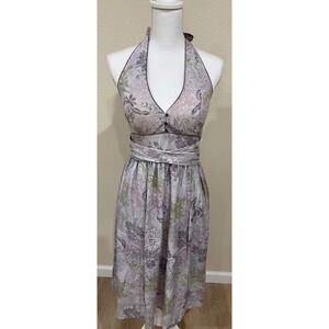 Halter V-Neck Y2K Chiffon Midi Dress Women's Size 6 Built in Bra Purple Lavender